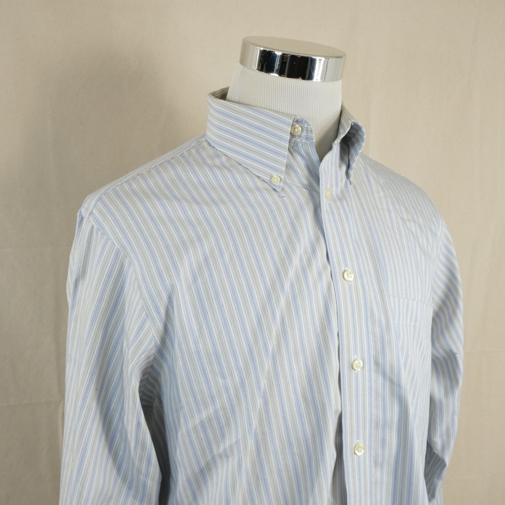 Stafford 16 34-35 Micro Pinpoint Oxford Dress Shirt Blue Gray Striped Mens